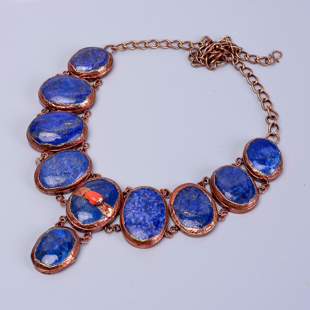Oval Natural Lapis Lazuli Copper Unique Electroformed New Chain Necklace Jewelry V-82