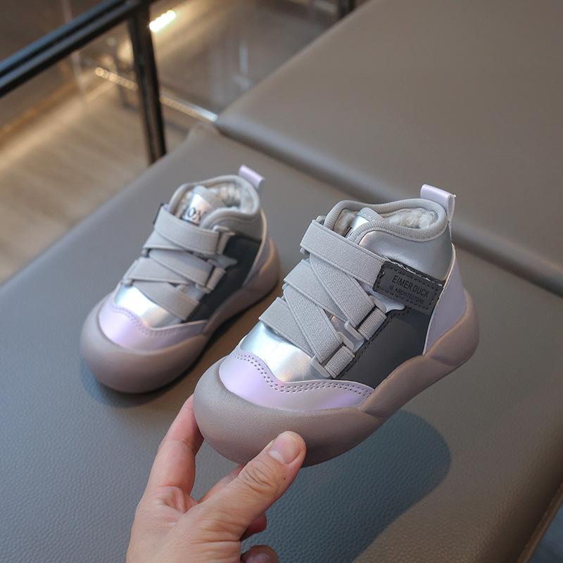 Children's mid-high-top fleece-lined thickened cotton shoes, winter leather sneakers for boys, stylish sports shoes, warm shoes for girls