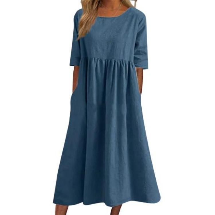 

Summer Casual Loose Hem Midi Dress Crew Neck Relax Fit Anti Shrink Daily Clothing Popular Lady Dress 3XL синій