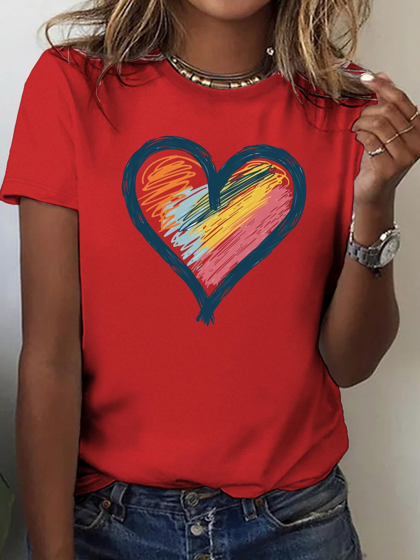 

Soft T-shirt for women with a bright design painted to Unisex in the shape of a heart casual comfortable with round collarshirt S