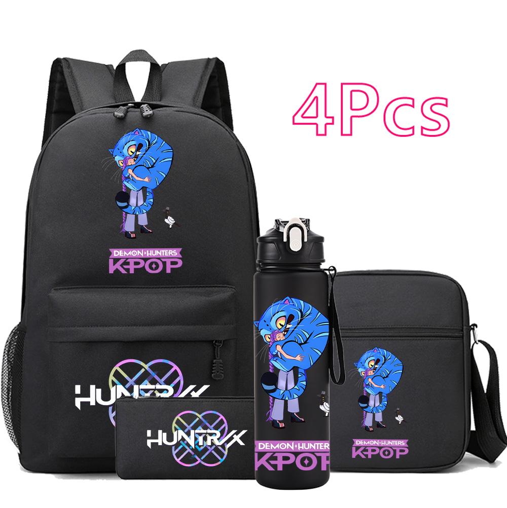 4Pcs/set Anime K-Pop Demon Hunters Printed Backpack Bookbag Shoulder Bag Case Bag with 750Ml Water Bottler for Boy Girl Large Capacity Schoolbag