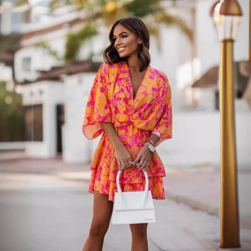 Plus Size Women's V Neck Printed Waist Batsleeve Five Quarter Sleeve Skirt Dress