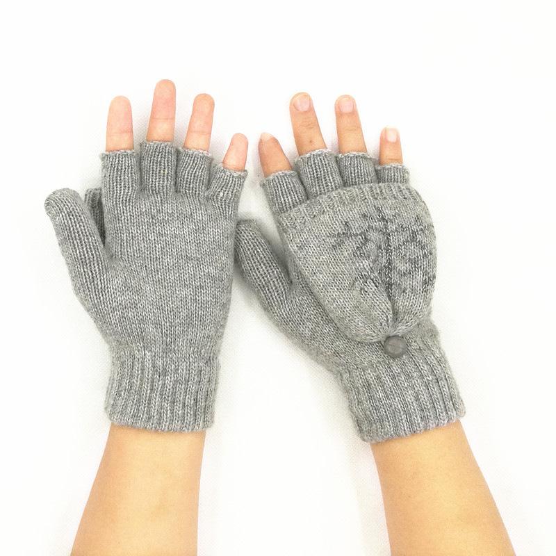 Gloves Men'S And Women'S Snowflake Flip Dual-Purpose Knitted Gloves Warm Jacquard Half-Finger Gloves