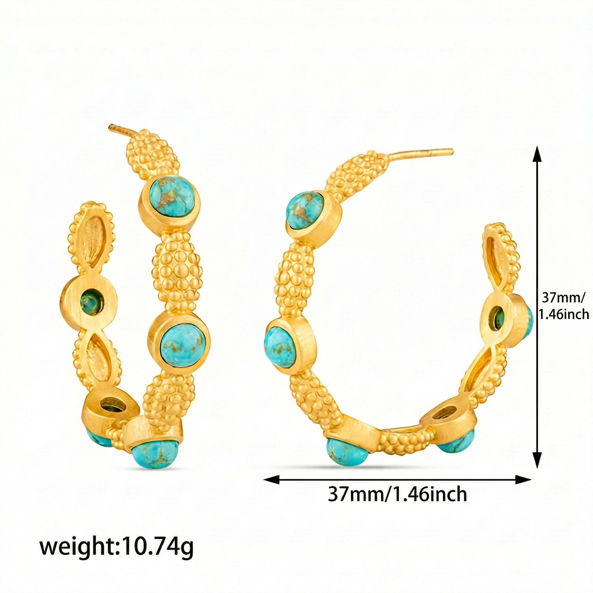 

Vintage Ethnic Turquoise Stone C Shape Hoop Earrings for Women Geometric Gold Color Round Stud Earring Boho Zircon Accessories золотой
