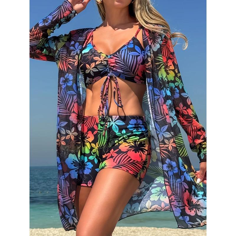 3 Pieces Tie Dye Bikinis Swimsuit 2026 New Women Drawstring Front Swimwear Female High Waist Shorts Bathers Swim Suit Beachwear