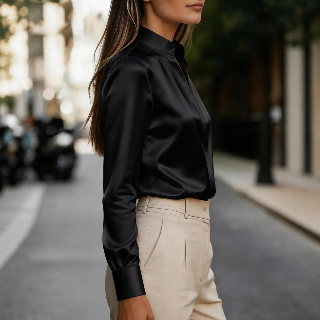 Women's V Neck Satin Blouse Long Sleeve Color Work Top