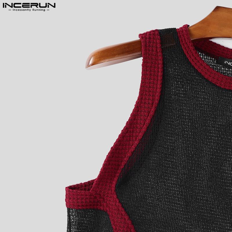 INCERUN Summer Men Sleeveless Stitching Irregular Cutout Hollow Out Tanks Tops