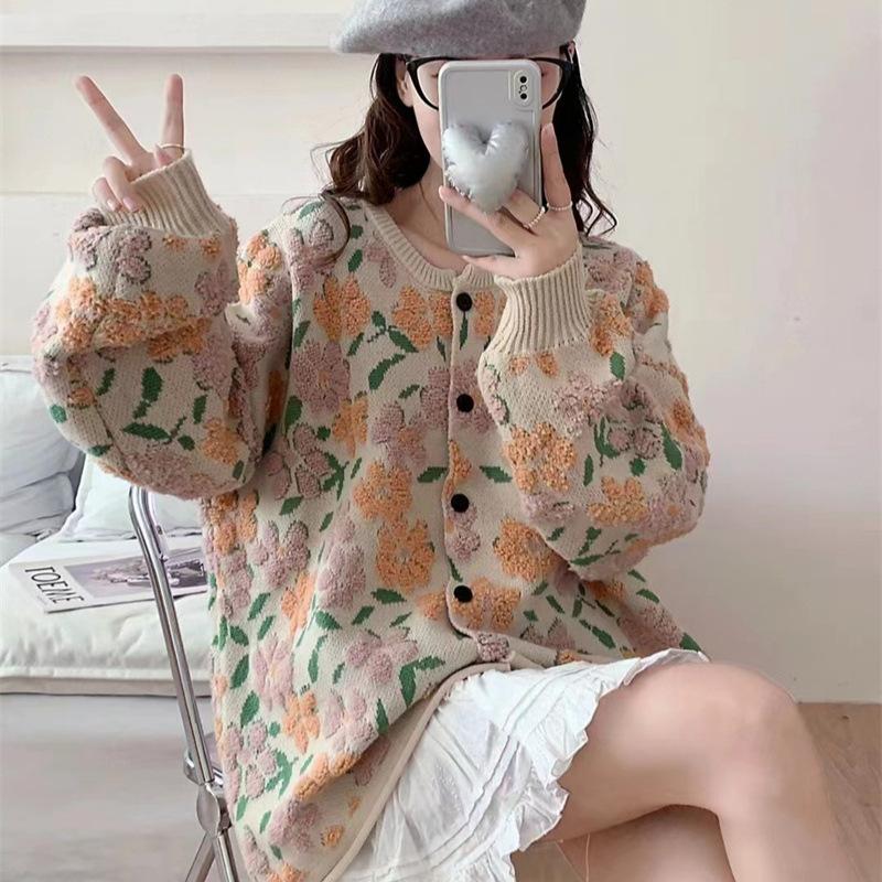 Autumn and Winter Women's Clothing Flower Jacquard Knitted Cardigan Women's Korean Version Lazy Loose Large Size Sweater Jacket