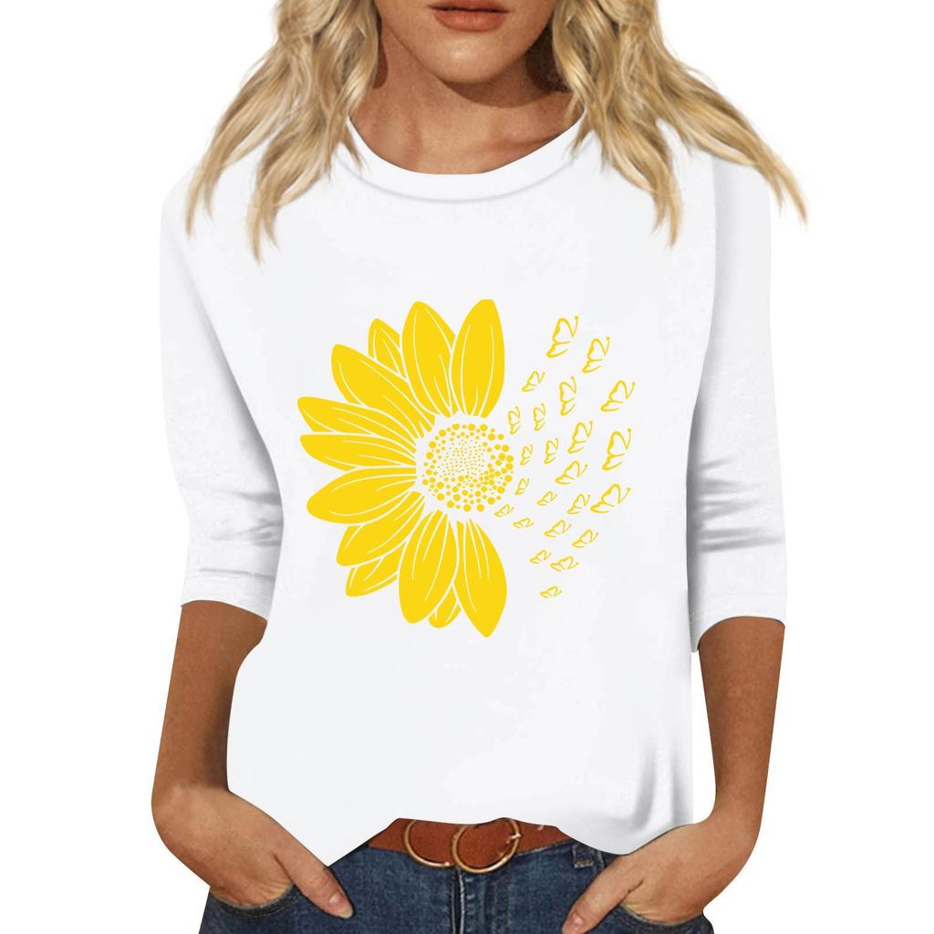 Women's Fashion Loose Casual Seven 3/4 Sleeve Printed Round Neck Pullover Top