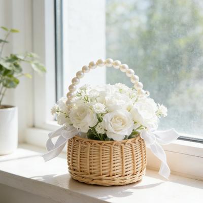 Easter Petal Candy Storage Basket, Flower Girl Basket, Hand Woven Wicker Basket with Pearl Handle,Home Decoration Weaving Basket
