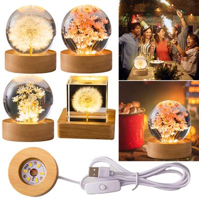 Blumenkristallkugel Nachtlicht mit Holzsockel Niedliches Nachtlicht Büro Heimdekor Geschenke für Männer Frauen Kinder Jungen Mädchen