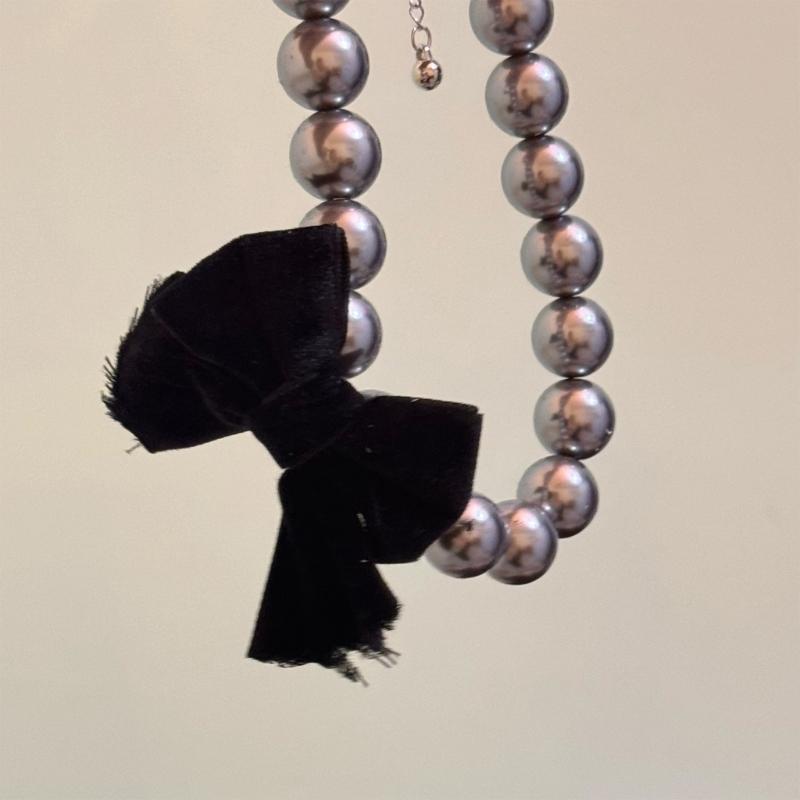 Colar Punk com Pérolas e Contas, com Pingente Larga Laço Preto, Correntes de Pescoço Góticas da Moda para Mulheres