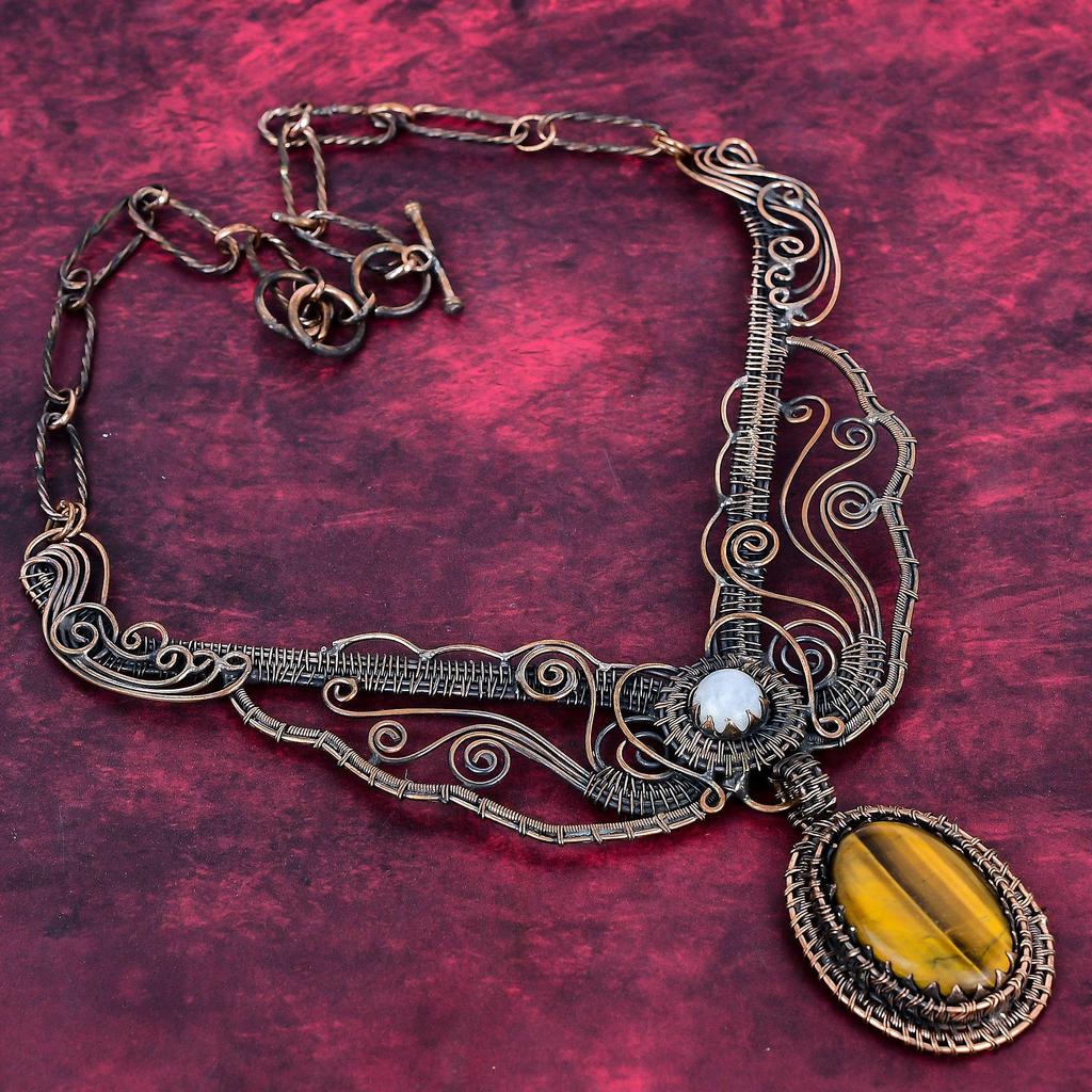 Tiger's Eye Real Gemstone Necklace Copper Wire Wrapped Adjustable Chain Necklace