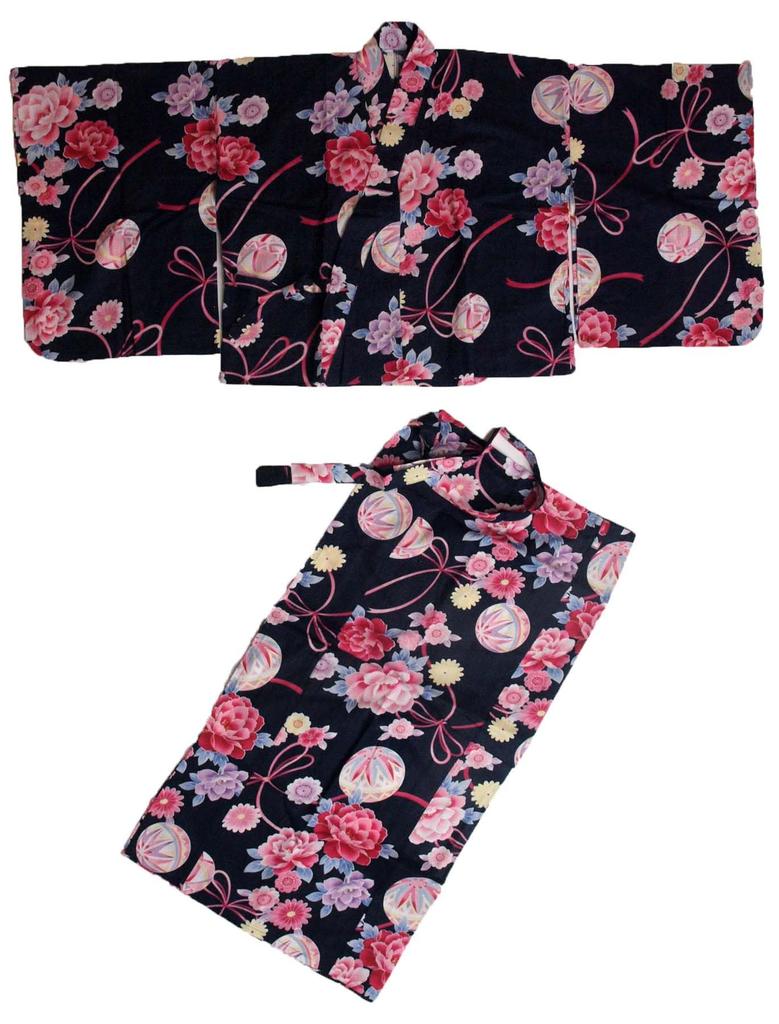 Yurakuan Yukata Navy Size 140cm Yukata Children's Set, Blue, (3 Sets, 140cm)