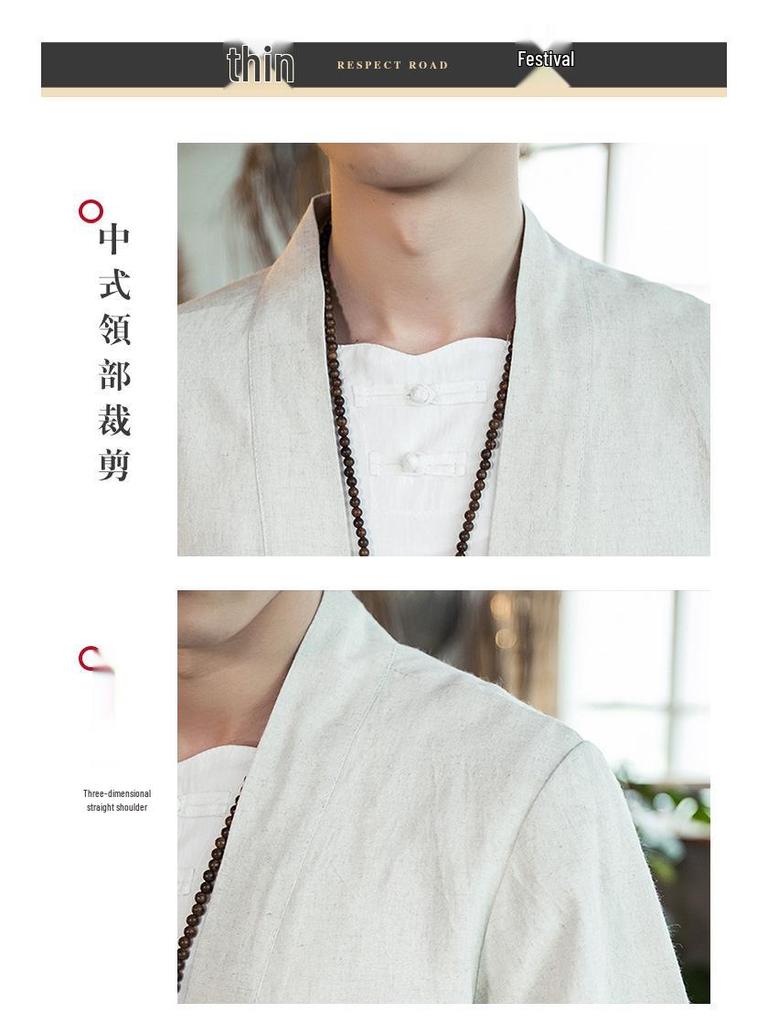 Men's Chinese Style Linen Hanfu Cardigan - Loose Fit, Plus Size, Casual Three-Quarter Sleeve Shirt