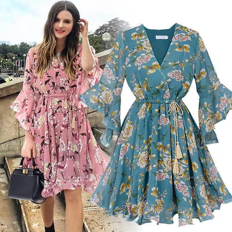 

2023 Summer Big Women Floral Dress V-neck Chiffon Skirt Blue XL