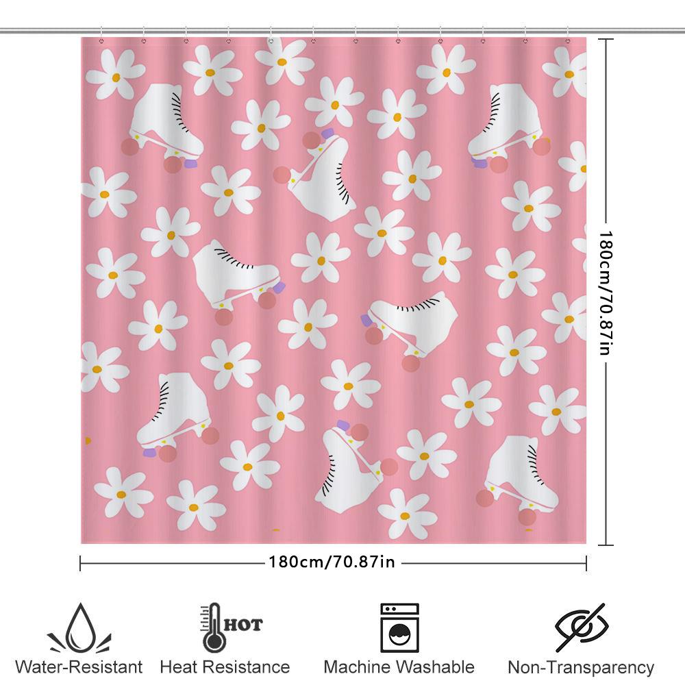 Whimsical Floral Roller Skates Shower Curtain Pink 3D Waterproof Fabric Decorative Bathroom Shower Curtains For Girls Kids