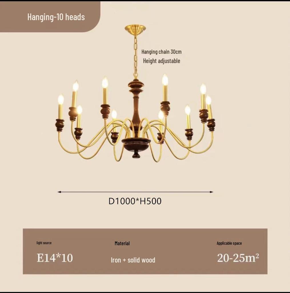 Mid-Century French Retro Candle Chandelier - Solid Wood, Ideal for Living Rooms, Dining Areas, and Bedrooms