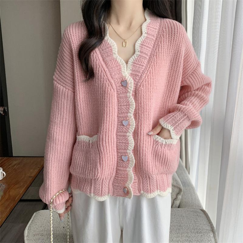 Autumn and Winter V Neck Cardigan Women Sweater Jacket Loose Sweet Fashion Knitted Long Sleeve Casual Woman Pockets Elegant Coats Simple Clothing