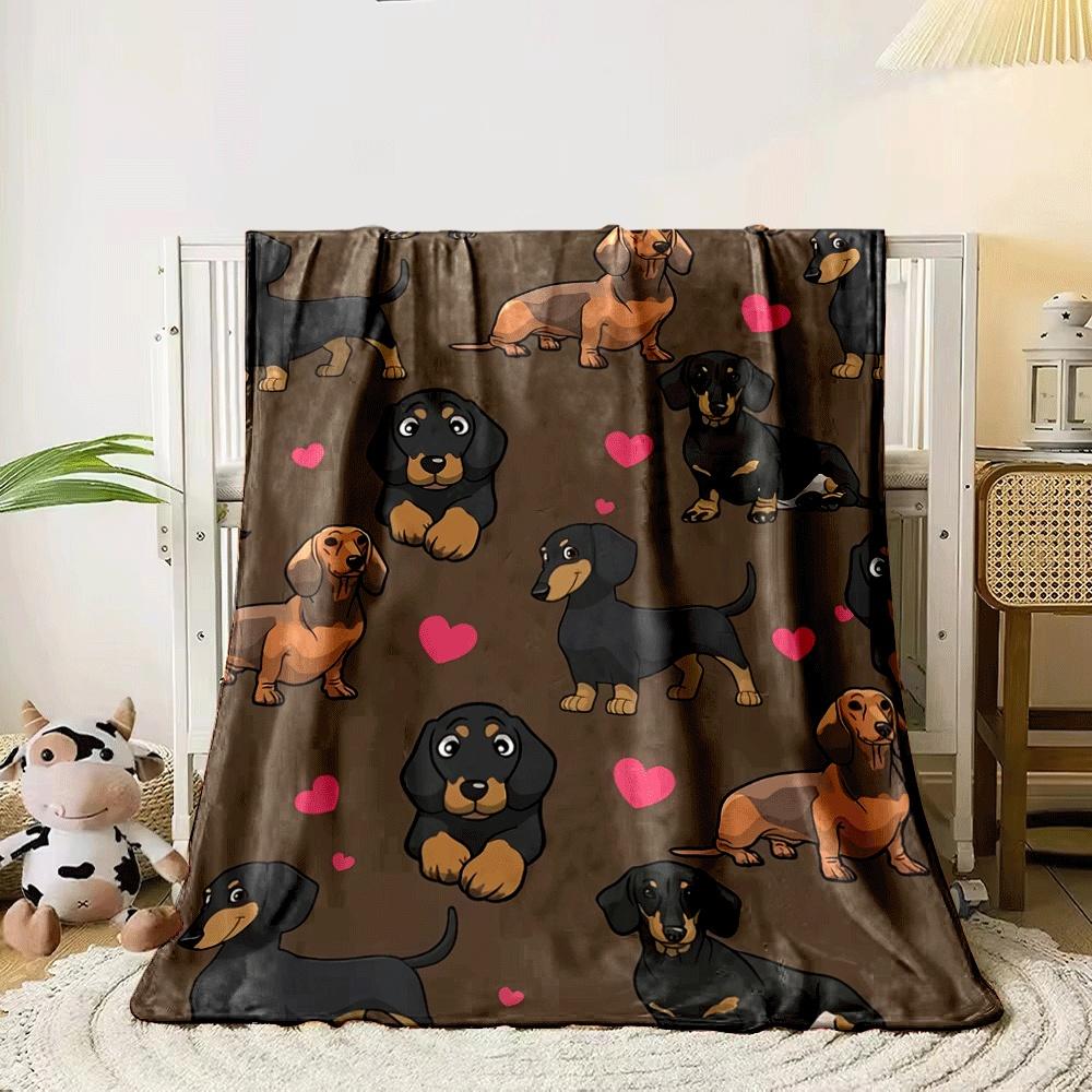 Cartoon dachshunds and pink hearts on a brown background. for all seasons blanket lunch break throw gift 80cm x 120cm