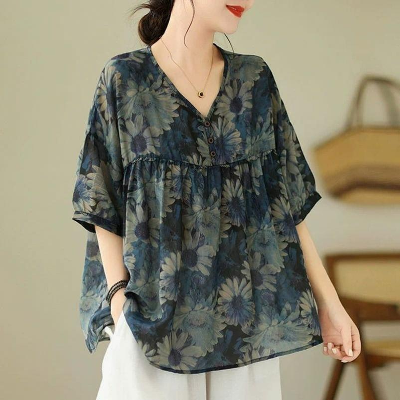 Loose Chiffon Shirt, Large Size, Short-sleeved, Thin, Mother's Summer Shirt, Western-style Printed Belly-covering Blouse