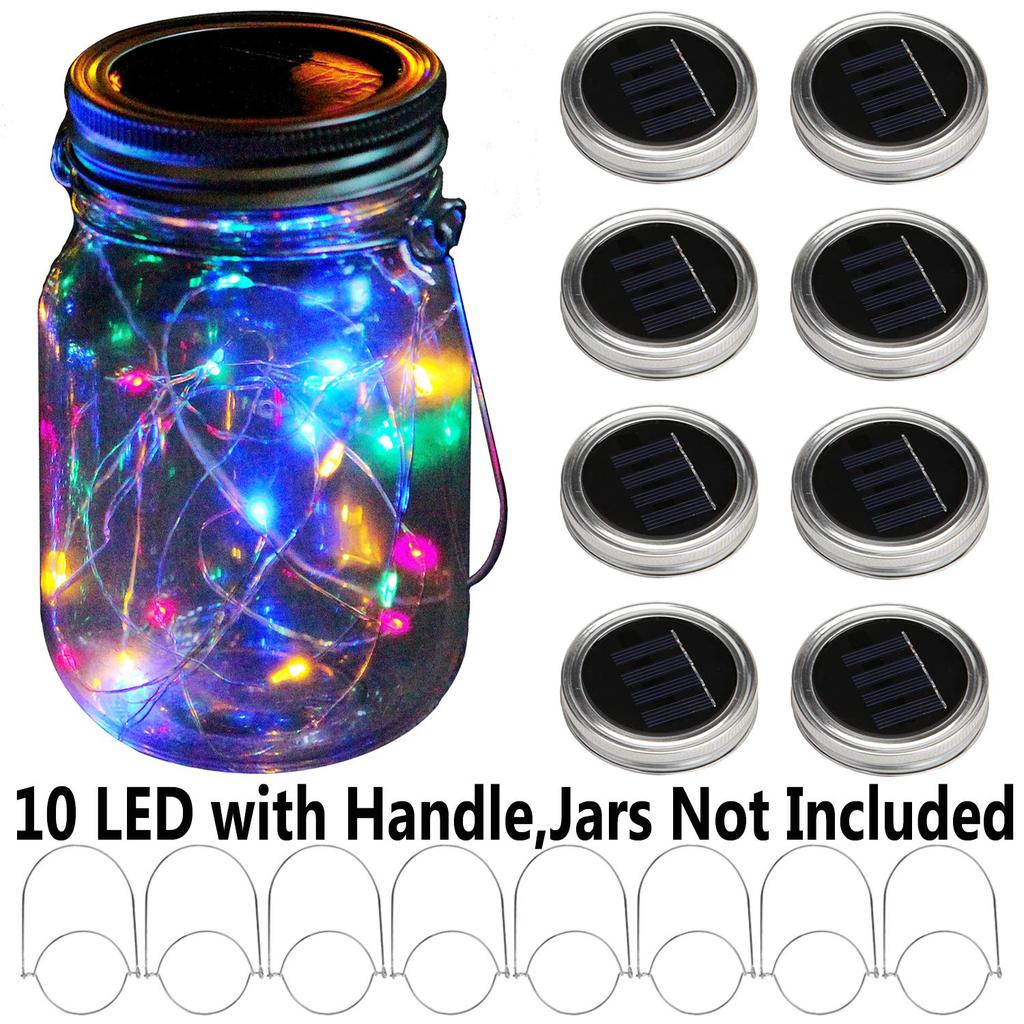 Solar Mason Jar Lights with 8 Handles 10 Led String Lights Fairy Solar Lights Lids Jar Decoration Garden Party Christmas Decor