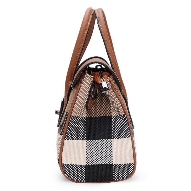 Aidrani Classic plaid women's bag, large capacity handbag, canvas patchwork cowhide shoulder bag