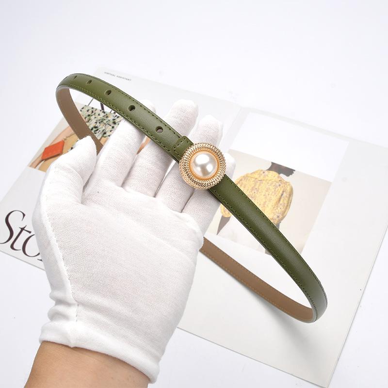 New Cowhide Versatile Genuine Leather Pearl Thin Belt Women's Summer Ins Style Suit Belt Black Jeans Belt