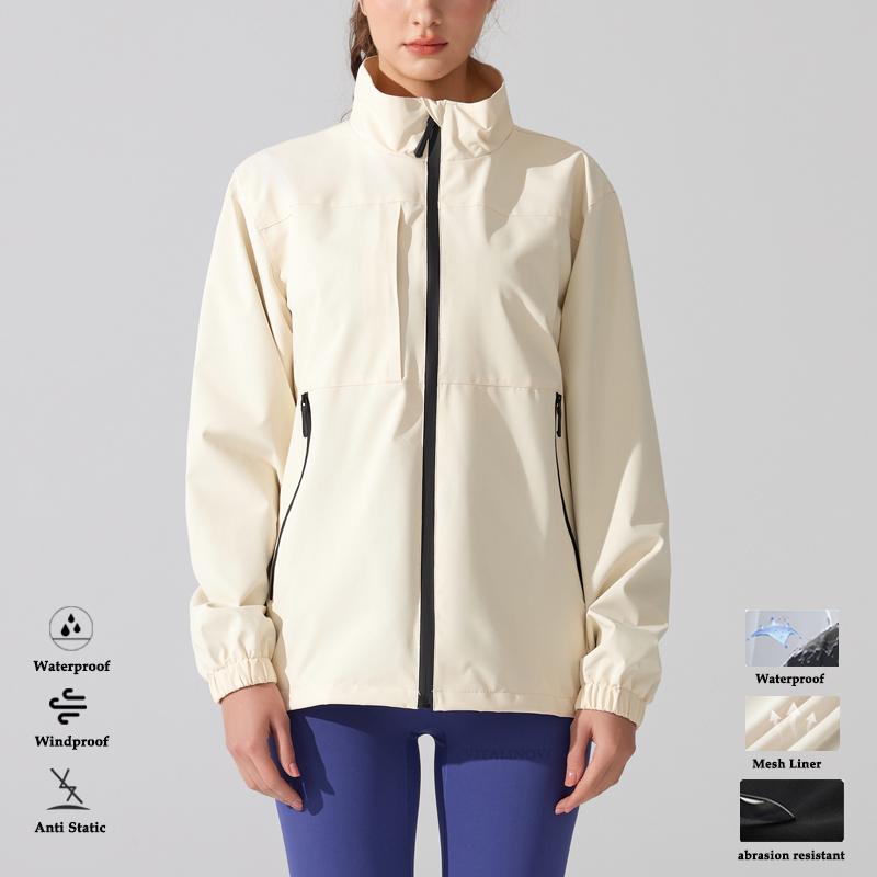 Women's Spring Plus Size Waterproof Rain Jacket Stand Collar Lightweight Windbreaker Raincoat Full Zipper Running Jacket