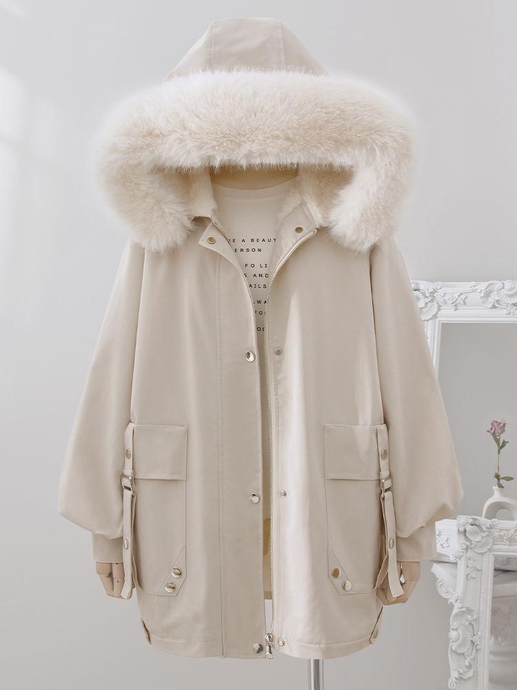 Zimní trendy parka s kapucí z umělé kožešiny a hřejivou podšívkou pro ženy