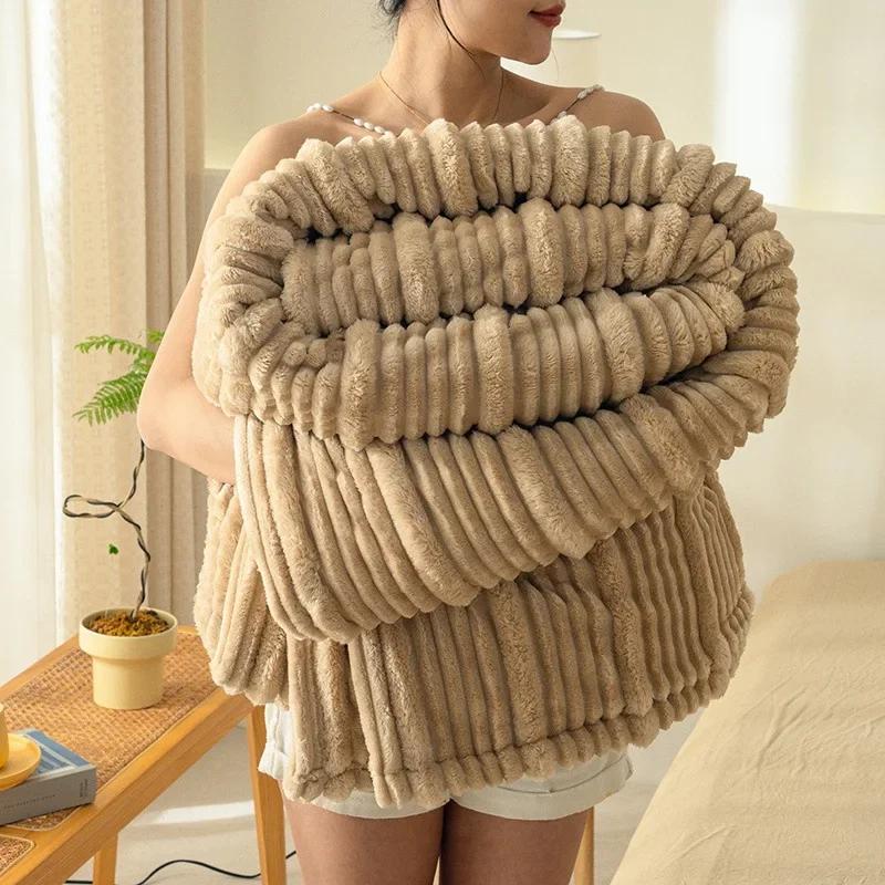 2024 new 310g high gram weight Class A milk fleece mother and child striped jacquard blanket coral fleece