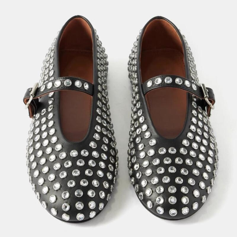 2025 New Women Glitter Shoes with Buckle Strap Rhinestone Ballet Flats Crystal Ballerina Shoes Comfortable Female Casual Shoes