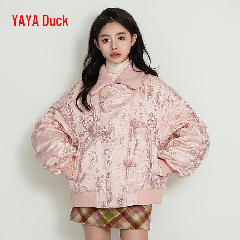 Yaya Women's 2025 Winter Shearling Collar Down Jacket – New Chinese Style, Short & Loose Fit