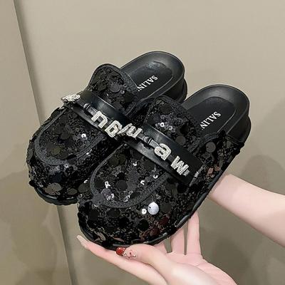Papuci de damă Baotou de modă 2024, primăvară și vară, paiete, strasuri, talpă groasă, pantofi Mueller cu sută de meciuri, pantofi leneși