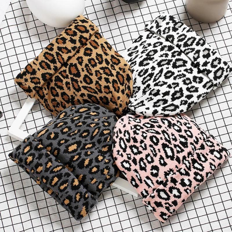 New Unisex Leopard Jacquard Beanies Trendy Autumn Winter Thicken Warm Hat Hip Hop Vintage Knit Hats for Women Men