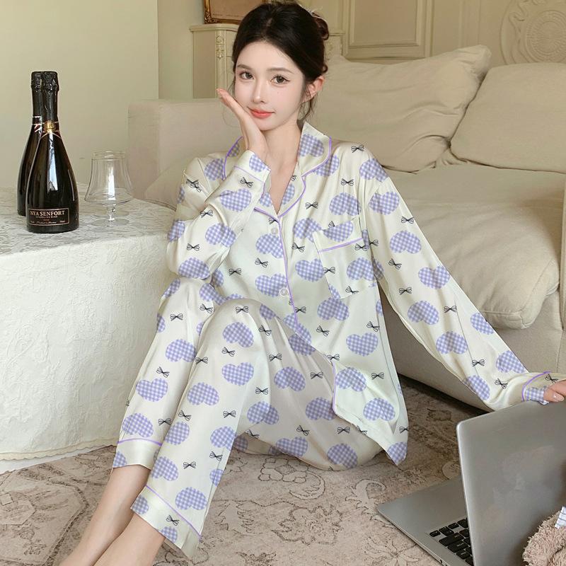 Premium Heart-Shaped Spring And Autumn Princess Style Ice Silk Satin Pajamas Women'S Long-Sleeved Lapel Loungewear Two-Piece Set