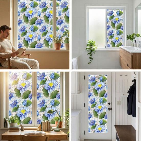 Flower Stained Glass Window Film Lotus Morning Glory Floral Window Cling Removable Decorative Static Sticker UV Blocking Privacy Decals for Living