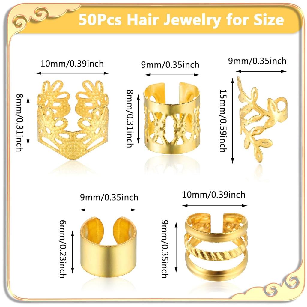 50pcs Gold Hair Jewelry for Braids Accessories Loc Jewelry for Hair Dreadlocks Adjustable Hair Rings Hair Cuff Hair Charms Braid Jewelry Hair Beads