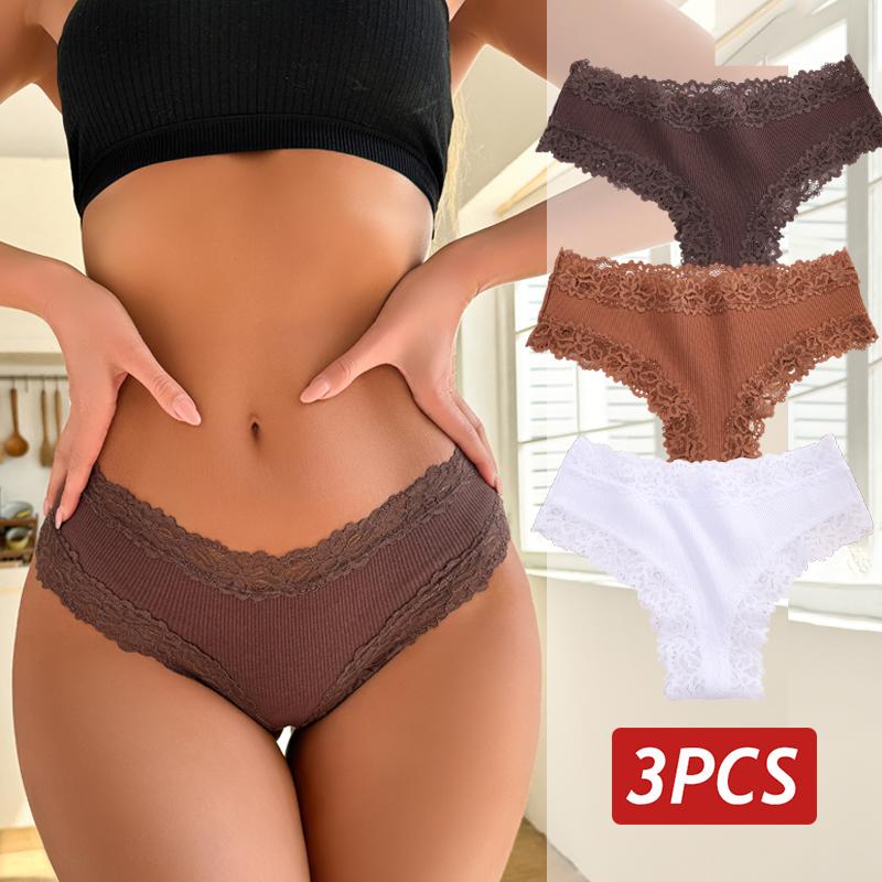 3PCS/Set Sexy Lace Panties for Women Cotton Brazilian Panties Female Low Rise Breathable Underwear Solid Colors Floral Lingerie