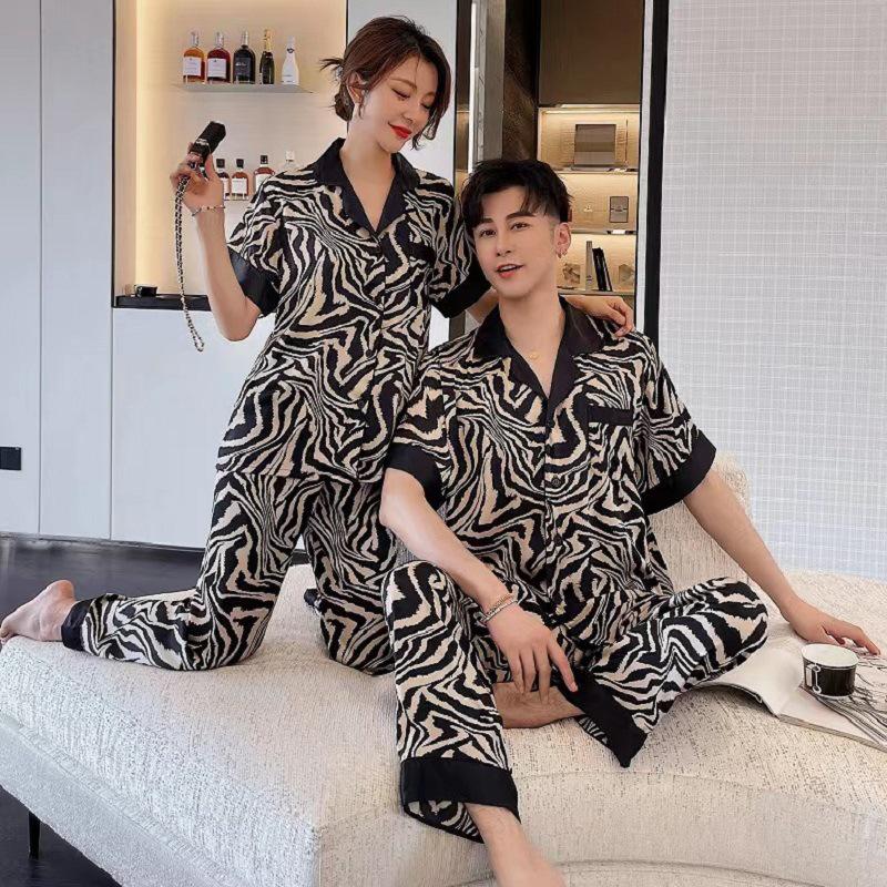 Ice Silk Couple Pajamas: Summer Silk Three-Piece Set with Short Sleeve, Shorts, and Long Pants In Elegant Horse Pattern for Homewear.
