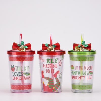 Christmas Double Plastic Straw Water Cup Bell Christmas Gift Unisex Cup