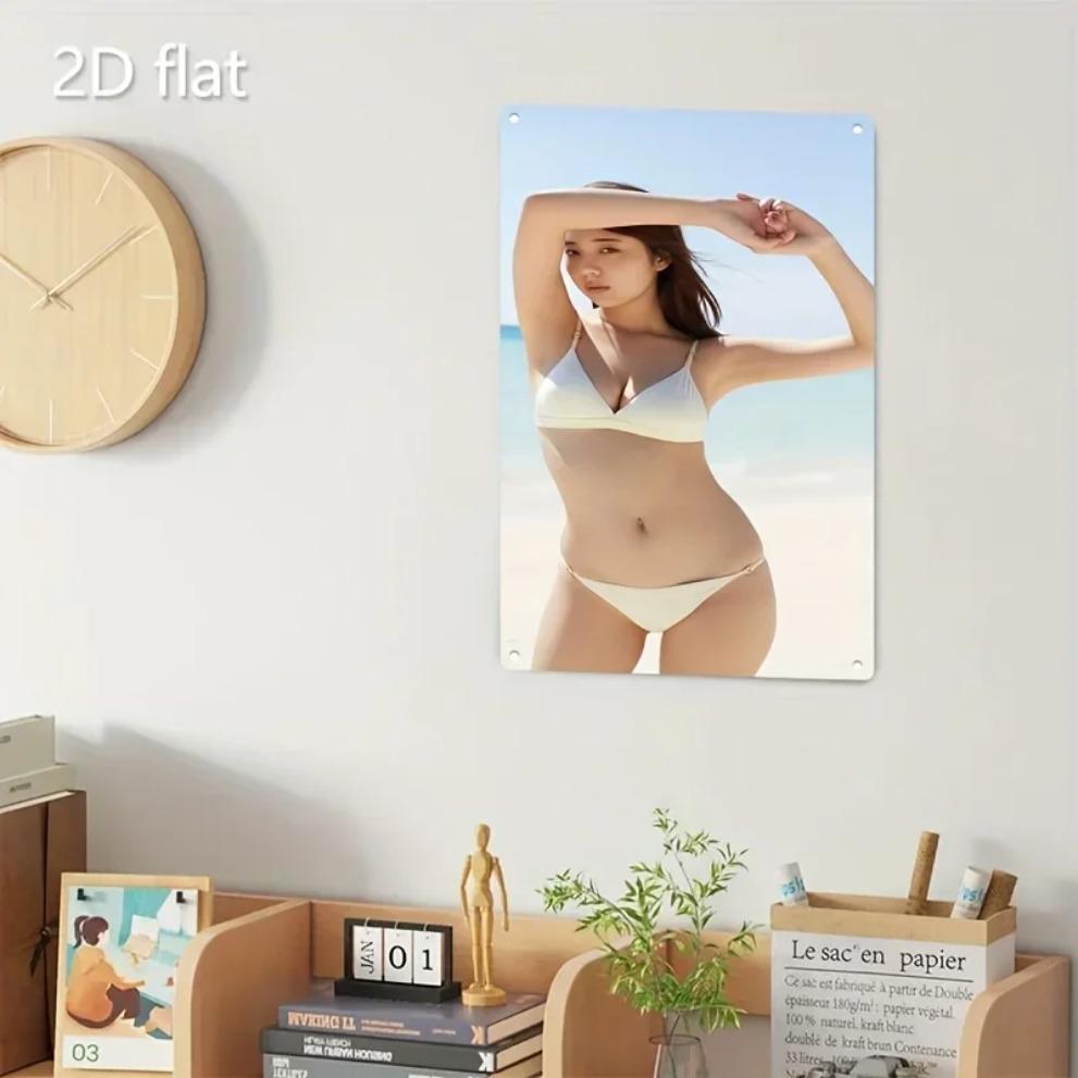 Hisun Tin Sign HD Metal Tin Sign Stunning Asian Beauty in White Bikini at Beach Wall Art Retro Metal Plaque for Home Decor x Inch