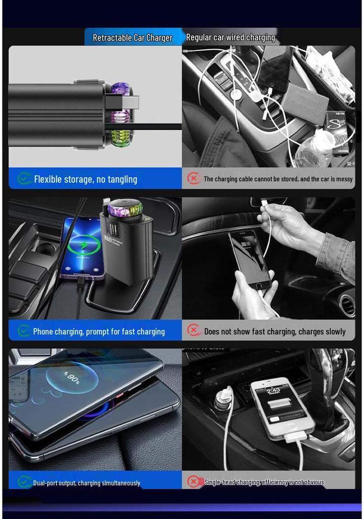 45W Fast Car Charger with Retractable Cable, Dual Port, Aromatherapy Design, Compatible with Apple & Huawei Phones