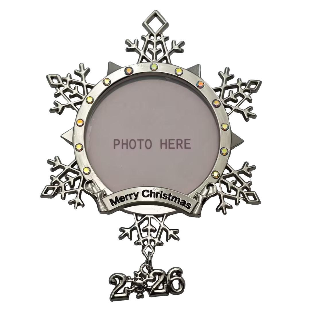 2026 Christmas Snowflake Metal Photo Frame Ornament, Custom Zinc Alloy Tree Decoration