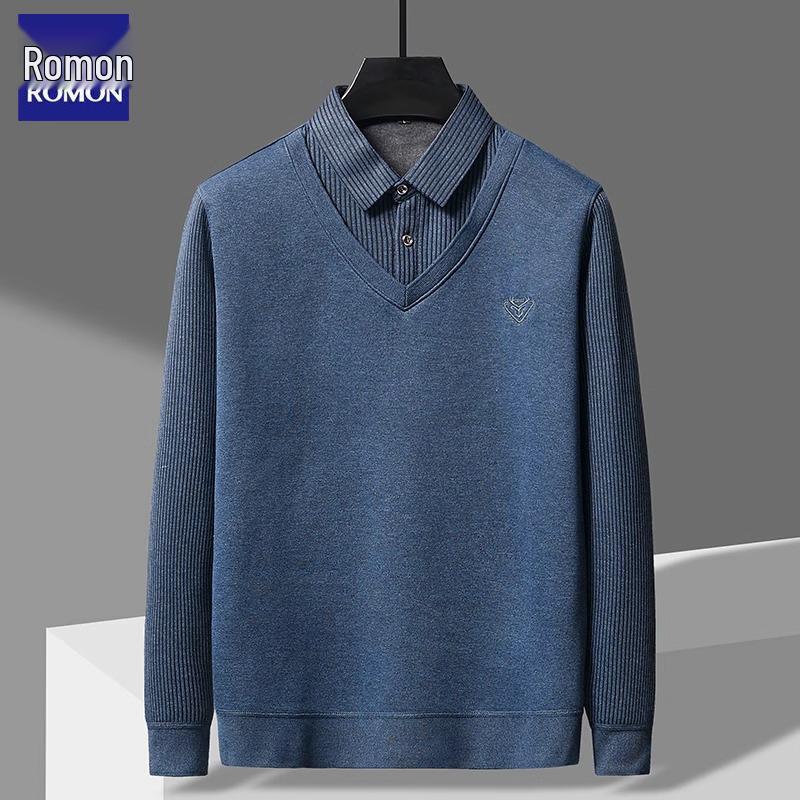 

Romon Dad s Winter Sweater: Men s Two-in-One Thick Knit Shirt for Elderly 3XL синій