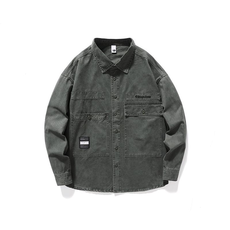 Heavy Retro Washed Men'S Long-Sleeved Shirt Loose Large Size Trendy Brand American Casual Tooling Shirt Jacket