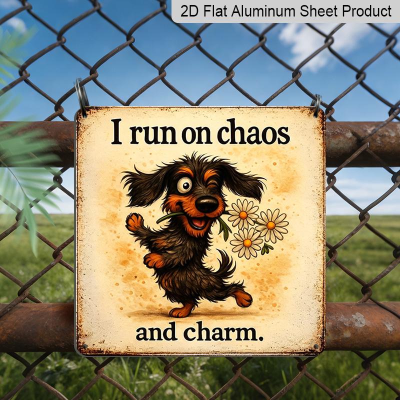 

2D Flat, 1pc Funny I Run on Chaos and Charm Vintage Metal Sign - Retro Wall Decor Suitable for Living Room, Office, Outdoor/ Use - Sign, Perfect 20*20cm
