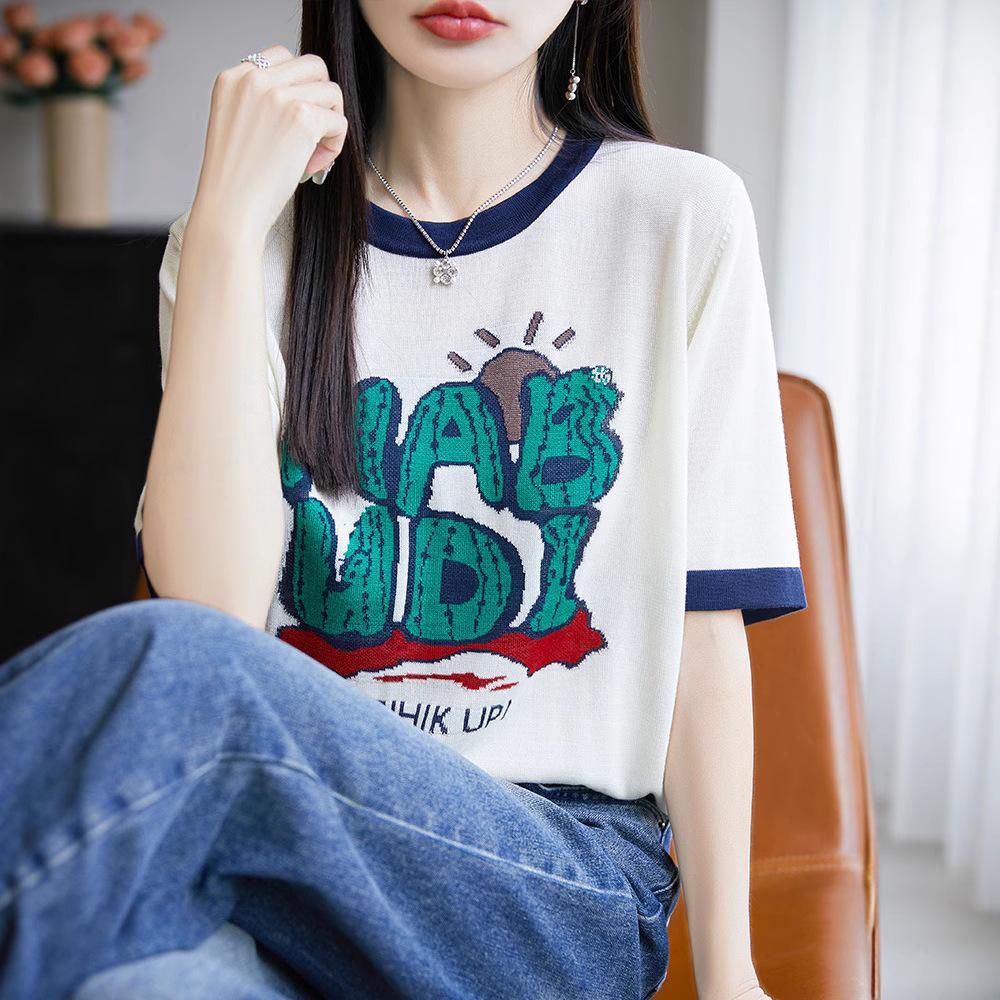 

New Casual, Loose and Simple Commuter Women s Knitted Sweater with Letter Round Neck and Short Sleeves for Summer XL