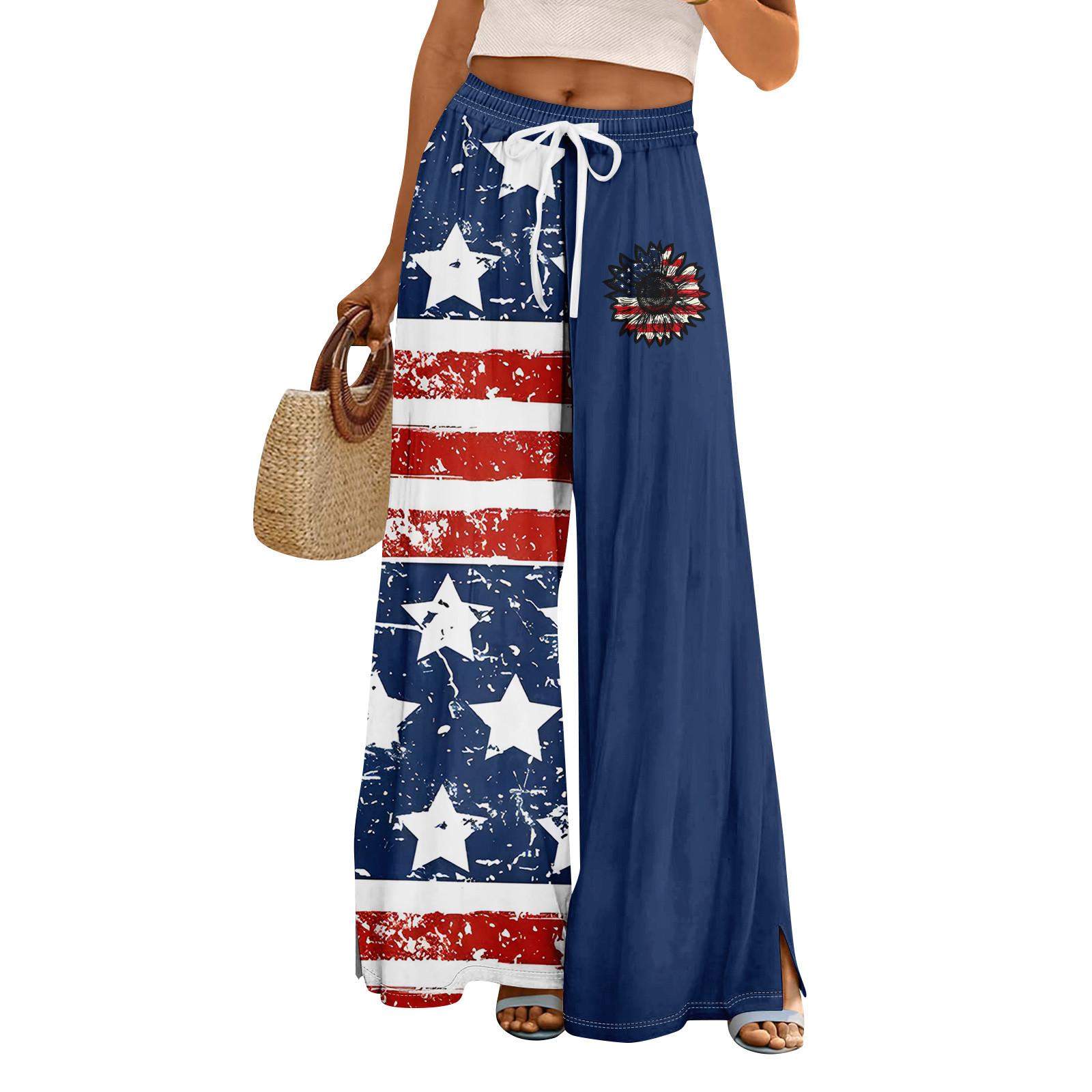 

Women Summer Boho Palazzo Pants High Waist Wide Leg Independence Printing Casual Trousers With Pockets XL винный