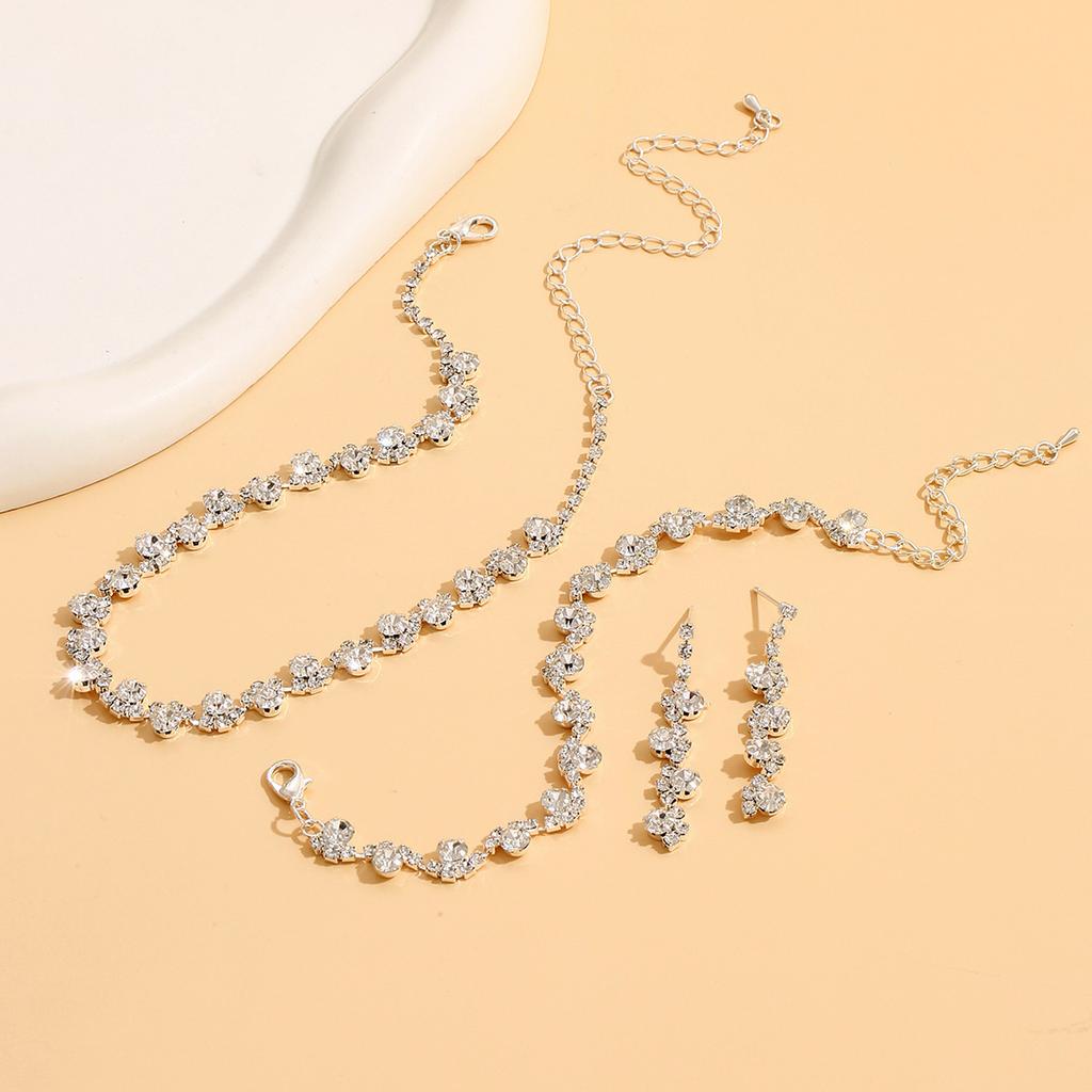 Silver Diamond Necklace Earrings Bracelet Three-piece Set